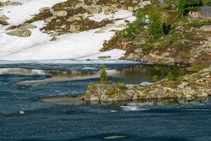 glacé Lac entouré par rocheux neige couvert sylviculture. printemps Lac haute dans le montagnes, vert épicéa sur le cap entouré par glace. printemps montagnes paysage. photo