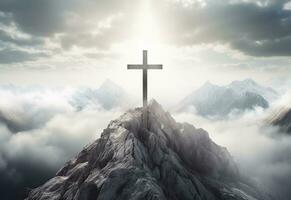 ai génératif une étourdissant paysage silhouette avec une crucifix à ses centre, symbolisant le résurrection de Jésus et le Christian foi. le magnifique Montagne paysage, le vibrant ciel. photo