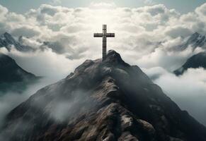 ai génératif une étourdissant paysage silhouette avec une crucifix à ses centre, symbolisant le résurrection de Jésus et le Christian foi. le magnifique Montagne paysage, le vibrant ciel. photo