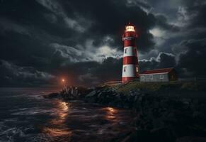 ai génératif serein paysage marin avec une pittoresque phare sur le côte pendant une Stupéfiant le coucher du soleil. photo