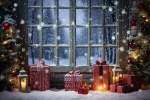 Noël cadeau des boites sur fenêtre seuil. génératif ai. photo