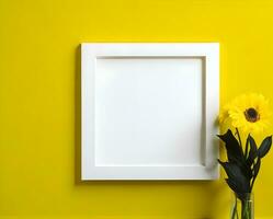 blanc Vide Cadre maquette sur Jaune mur et fleur ai produire photo