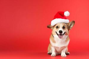 content mignonne corgi chien dans Père Noël claus chapeau sur rouge Contexte avec copie espace. Noël et Nouveau année fête concept. ai généré. photo