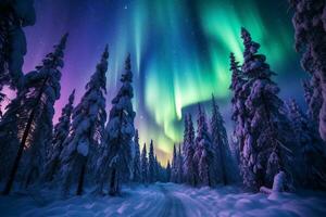 coloré nord lumières dans le forêt. aurore boréales. magnifique hiver nuit paysage. ai généré. photo