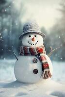 mignonne bonhomme de neige dans une chapeau et écharpe dans une hiver forêt. ai généré. photo