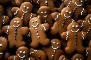 pain d'épice Hommes fait maison biscuits. Noël des pâtisseries. proche en haut, Haut voir. ai généré. photo