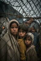 ai généré sale visage Profond Regardez triste les enfants à réfugié camp, guerre, climat changement, et global politique concept photo