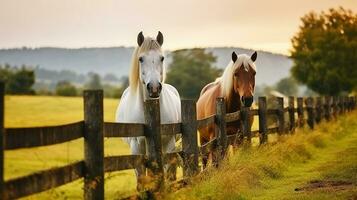 une couple cheval sur herbe Prairie derrière clôture et montures avec des arbres en dessous de ciel dans campagne, génératif ai photo