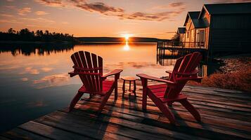 sièges avec lever du soleil. en bois chaises Cadre le Matin sur le Dock. génératif ai photo