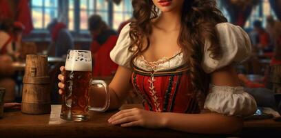 tradition se rencontre élégance, brunette femme détient Bière verre dans bavarois ville bar. génératif ai photo