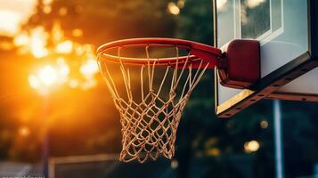 le radiant basketball cerceau au milieu de le coucher du soleil teintes. génératif ai photo