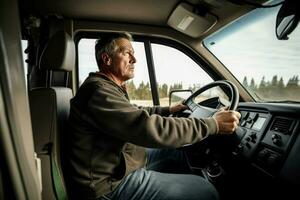 Masculin un camion chauffeur travail véhicule cabine. produire ai photo