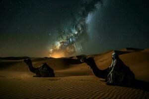 chameaux au milieu de désert voile nuit. produire ai photo