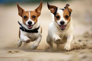 deux jack Russell terrier chiens fonctionnement dans le le sable sur le plage, jack Russell terrier et jack Russell terrier en jouant dans le sable, ai généré photo