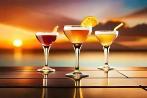 Trois des lunettes de de l'alcool sur une table avec le coucher du soleil dans le Contexte. généré par ai photo