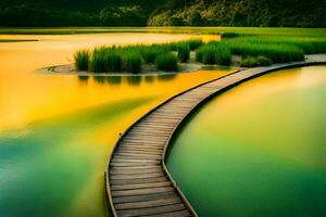 une en bois promenade pistes à une Lac avec vert herbe. généré par ai photo