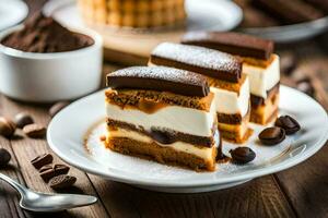 une tranche de gâteau sur une assiette avec café haricots. généré par ai photo