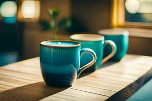 Trois bleu café des tasses sur une en bois tableau. généré par ai photo