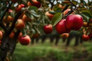 pommes pendaison de une arbre dans un verger. généré par ai photo