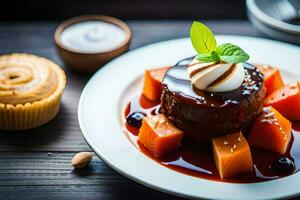 une dessert avec fruit et crème sur une blanc plaque. généré par ai photo