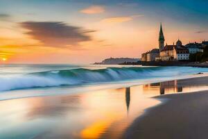 une plage avec une église et une vague. généré par ai photo
