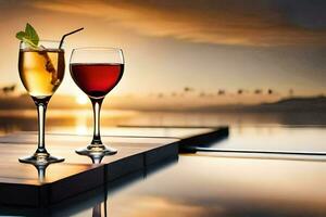 deux des lunettes de du vin sur une table avec le coucher du soleil dans le Contexte. généré par ai photo