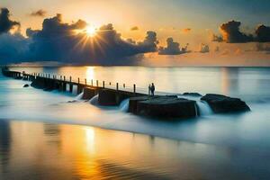 une homme des stands sur une jetée à le coucher du soleil. généré par ai photo