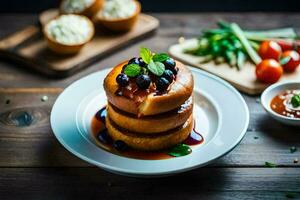 une empiler de Crêpes avec myrtilles et sauce. généré par ai photo