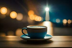 une tasse de café sur une en bois table dans de face de une paysage urbain. généré par ai photo