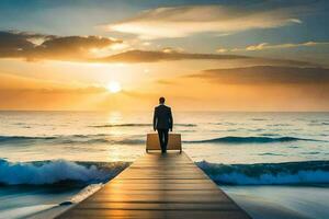 une homme permanent sur une jetée à la recherche en dehors à le océan à le coucher du soleil. généré par ai photo