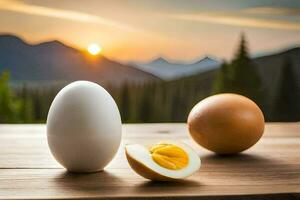 un Oeuf et une moitié de un Oeuf sur une table avec montagnes dans le Contexte. généré par ai photo