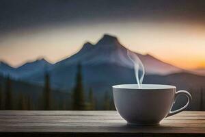 une tasse de café sur une table dans de face de une Montagne à le coucher du soleil. généré par ai photo