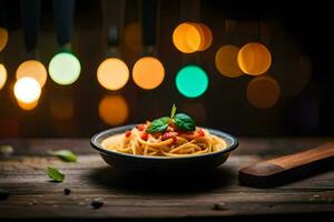 spaghetti dans une bol sur une en bois table avec bokeh lumières. généré par ai photo