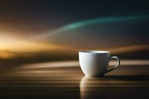 une café tasse est assis sur une table dans de face de une le coucher du soleil. généré par ai photo