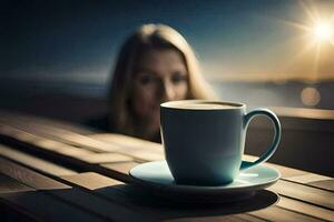 une femme séance à une table avec une tasse de café. généré par ai photo