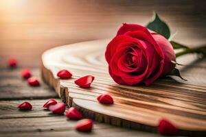 une Célibataire rouge Rose sur une en bois table avec cœurs. généré par ai photo