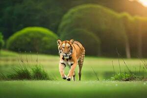 une tigre en marchant à travers une herbeux champ. généré par ai photo
