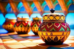 coloré des vases sur une table avec une bleu ciel. généré par ai photo