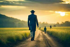 une homme dans une chapeau des promenades vers le bas une saleté route. généré par ai photo