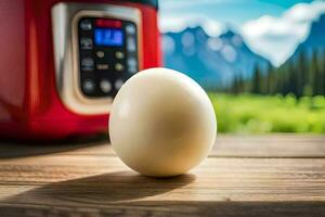 un Oeuf séance sur une table suivant à une rouge et blanc cuisinier. généré par ai photo