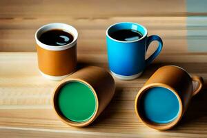 Trois café tasses avec différent couleurs sur une en bois tableau. généré par ai photo