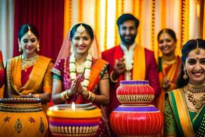 Indien mariage la cérémonie avec la mariée et jeune marié. généré par ai photo