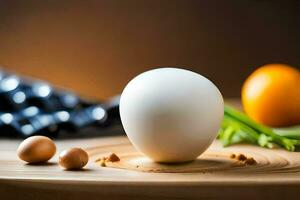 un Oeuf séance sur une en bois Coupe planche avec un Orange et autre ingrédients. généré par ai photo