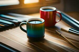 deux coloré café des tasses asseoir sur une table suivant à une en bois tableau. généré par ai photo