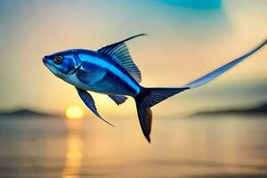 une poisson en volant plus de le océan à le coucher du soleil. généré par ai photo