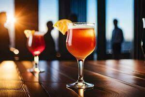 Trois des lunettes de de l'alcool sur une en bois tableau. généré par ai photo