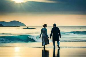 une couple en marchant sur le plage à le coucher du soleil. généré par ai photo