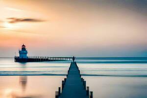 une phare des stands sur une jetée à le coucher du soleil. généré par ai photo