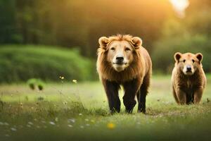 deux les Lions en marchant dans le herbe. généré par ai photo