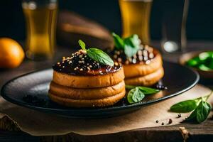 deux Crêpes sur une noir assiette avec une verre de bière. généré par ai photo